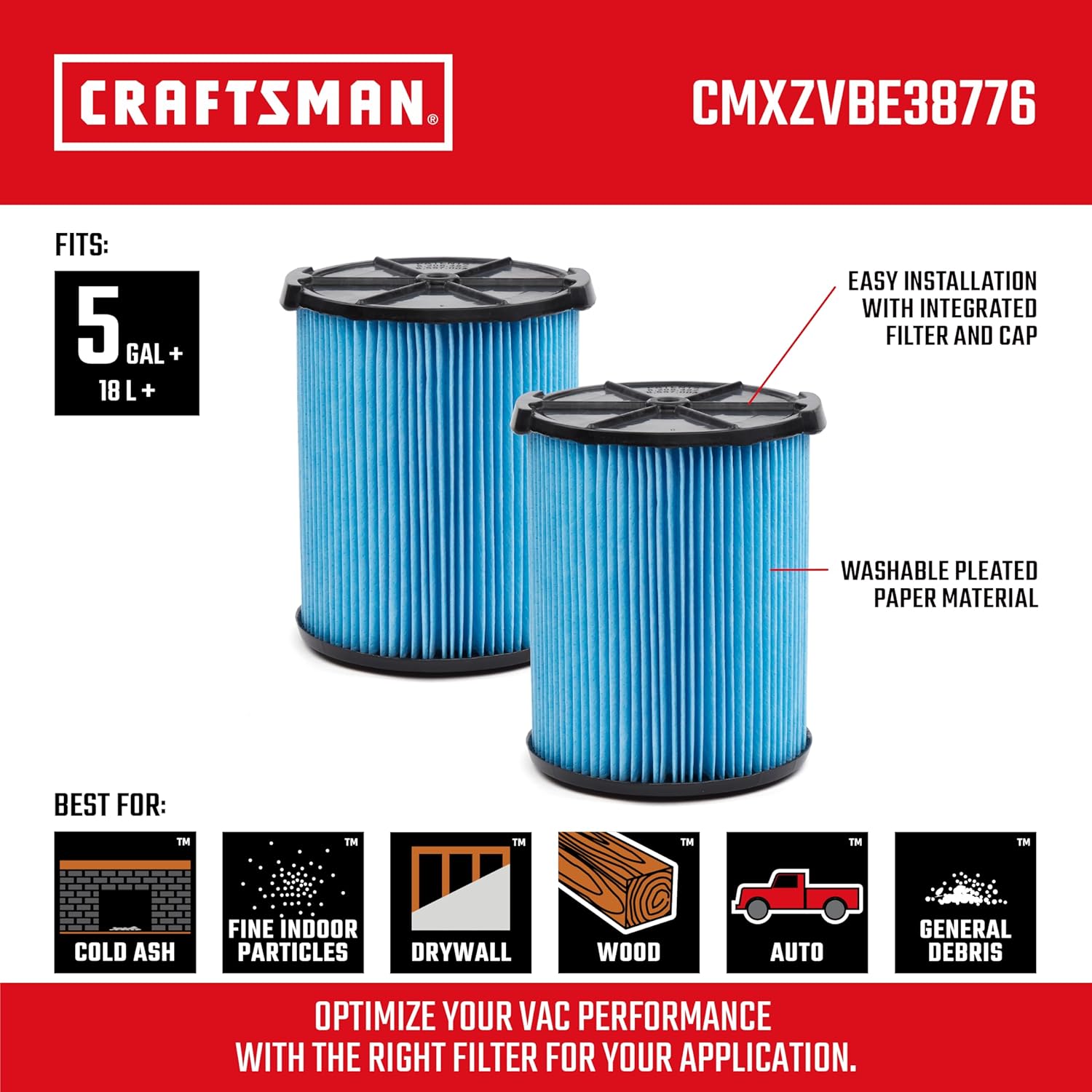 CRAFTSMAN CMXZVBE38776 Genuine Fine Dust Wet Dry Vac Replacement Vacuum Filter for Most 5 to 20 Gallon CRAFTSMAN Shop Vacuums, Easy Installation and Traps Fine Particles, 2-Pack