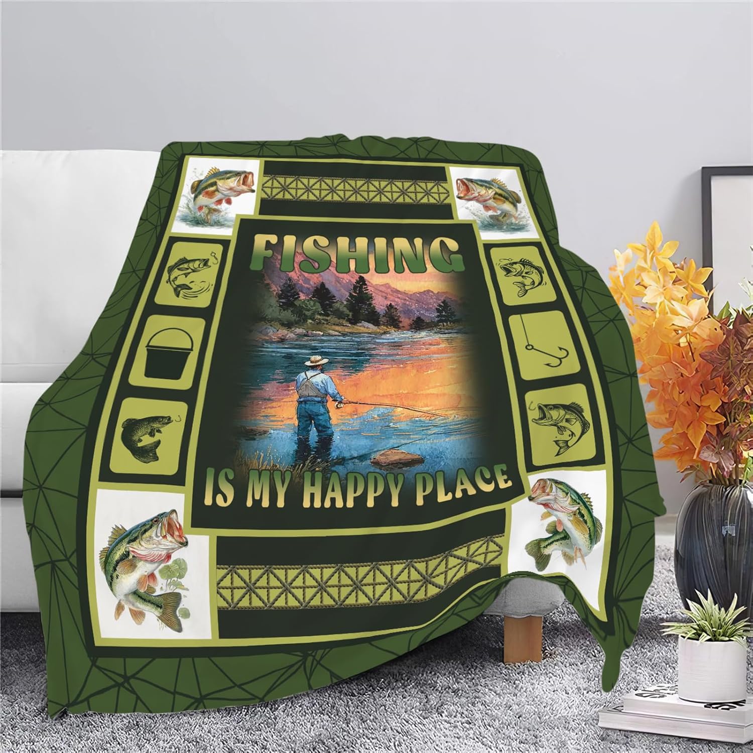 Fish Throw Blanket Fishing Stuff Gifts for Kids Girls Boys Adults Women Men Soft Cozy Warm Plush Fluffy Fuzzy Fleece Blanket Decor 40''X50''
