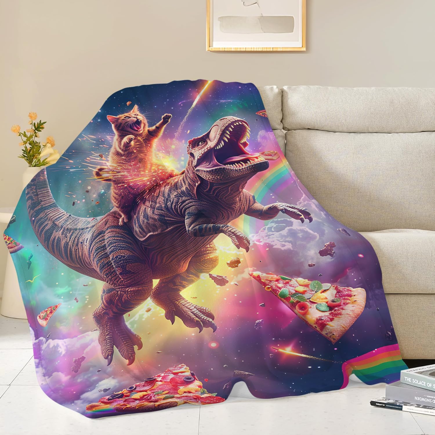 Funny Dinosaur and Cat Blanket Universe Rainbow Pizza Dino Cat Throw Blanket Gifts for Girls Women Kids Adults Super Soft Cozy Plush Fluffy Fuzzy Fleece Blanket Home Decor 50''X60''