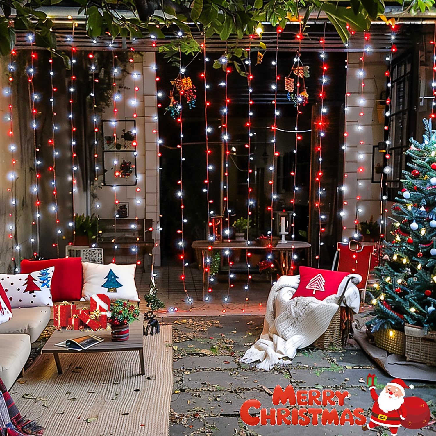 JMEXSUSS 300LED Red and White Christmas Curtain Lights with Remote, 9.8x9.8ft Christmas String Lights Plug in, 8 Modes Twinkle Hanging Fairy Lights for Bedroom Window Wall Porch Indoor Outdoor Decor