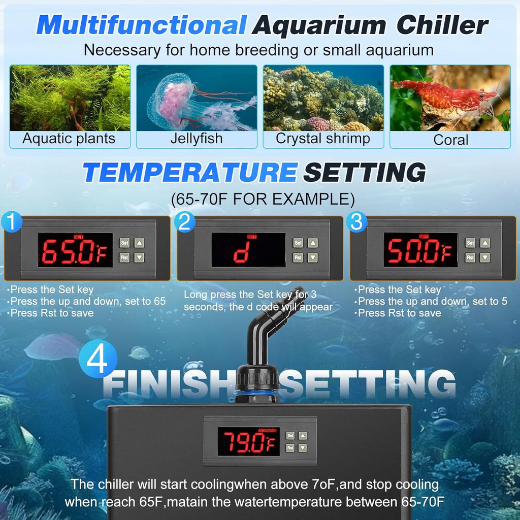 42Gal Aquarium Chiller 1/10 HP 160L Quiet Compressor Refrigeration Hydroponic Cooling System Suitable for Aquariums Salamanders Coral Reefs Jellyfish