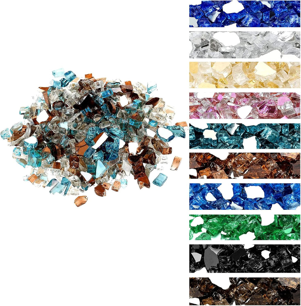 Onlyfire 10 Pounds Blended Reflective Fire Glass for Fire Pit Fireplace and Landscaping, 1/2 Inch Mixed Colored High Luster Fireglass Rocks for Outdoor and Indoor Use - Aqua Blue+Platinum+Copper