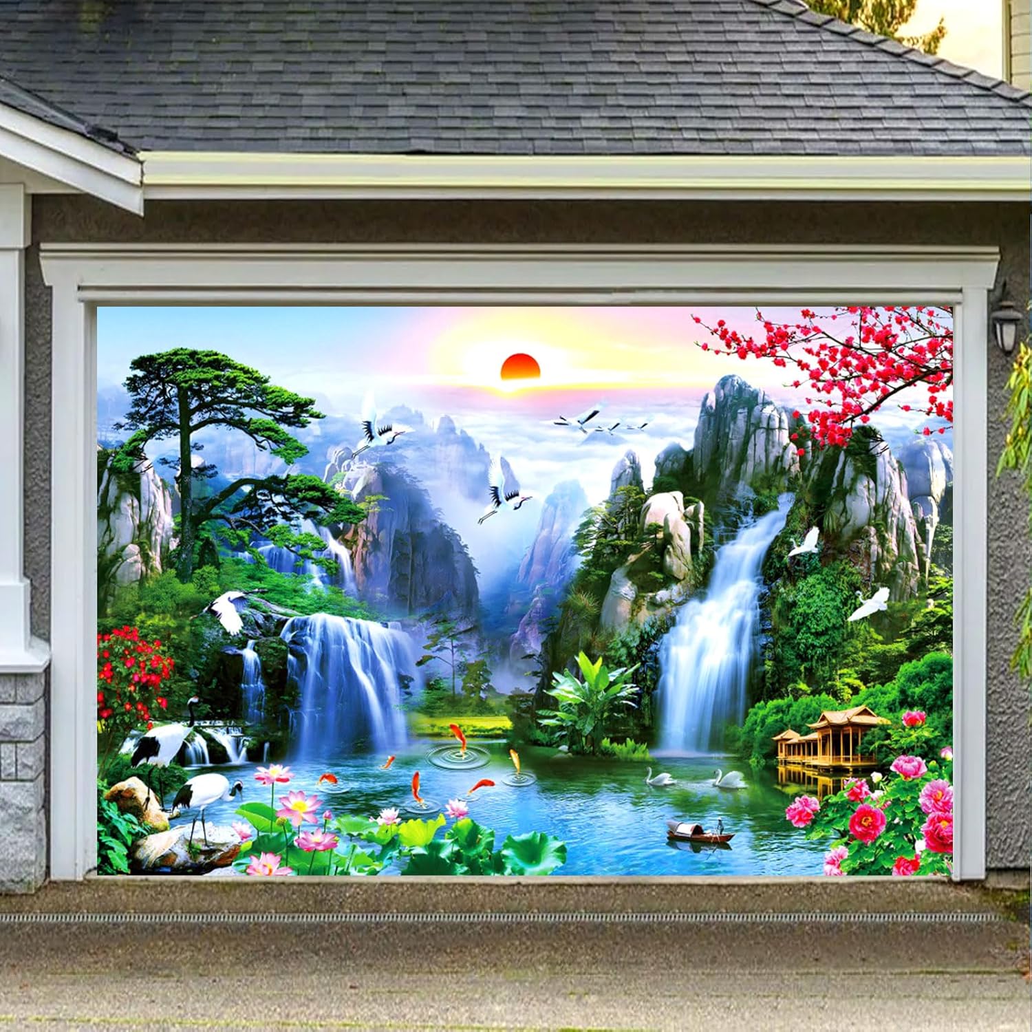 Fabric 10x7ft Zen Garden Backdrop Mountain Waterfalls Sunrise Scenery Photography Background Pine Pavilion Bridge Lotus Crane Spring Flowers Asian Landscape Wallpaper Decoration Photo Props