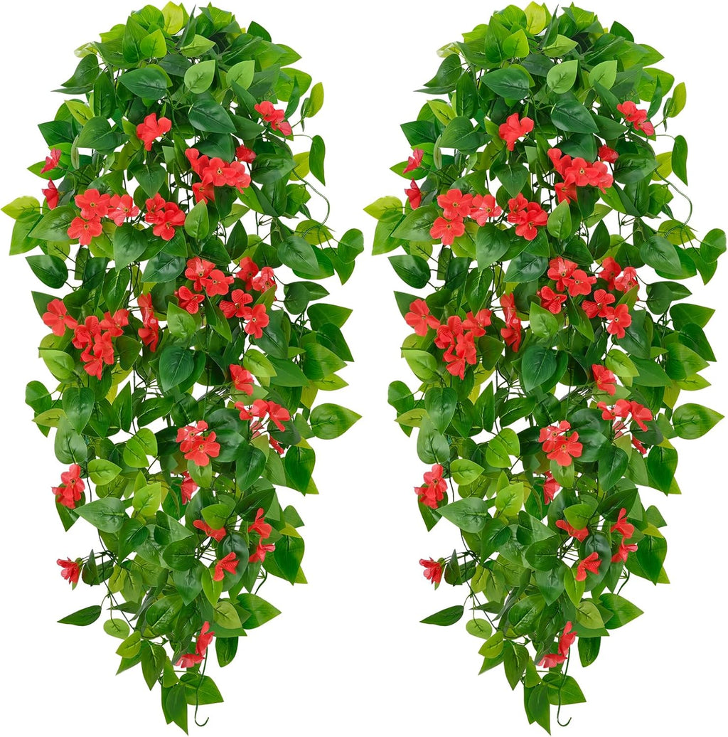 BLEUM CADE Artificial Hanging Flowers for Outdoors, 2pcs Fake Hanging Plants Pothos Vines with Red Flowers for Wall Home Living Room Indoor Outdoor Decor (No Baskets)