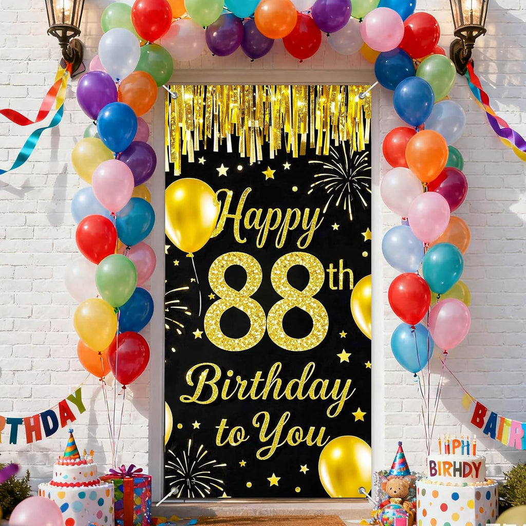 IVN 88th Birthday Door Cover 71x35 Inch Black Gold Birthday Banner for Party Decorations Balloons Stars Fireworks Backdrop Sign for Men Women Photo Booth Prop Wall Decor