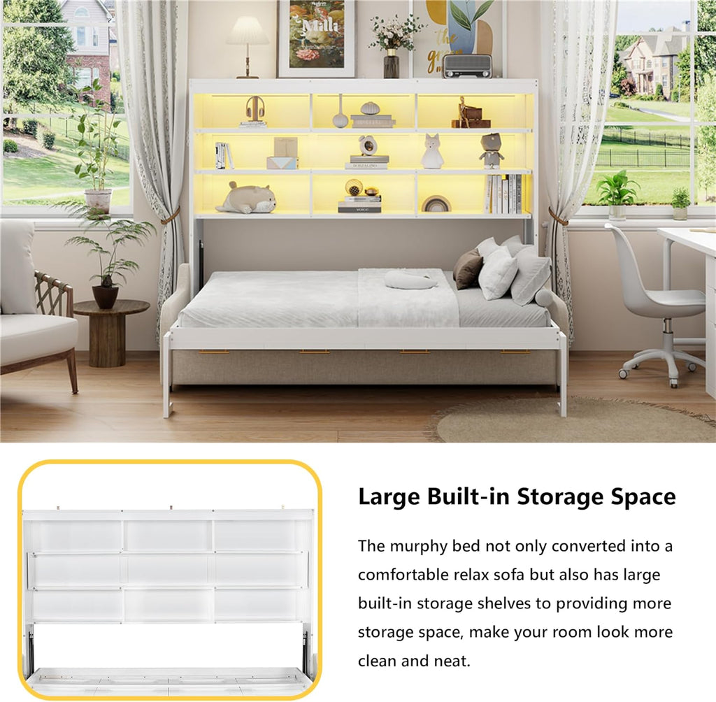 Queen Horizontal Murphy Bed with Sofa and Storage Shelves,LED Light,Solid Wood Space Saving Hideaway Murphy Wall Bed with Couch and Storage for Adults (Beige,Queen)