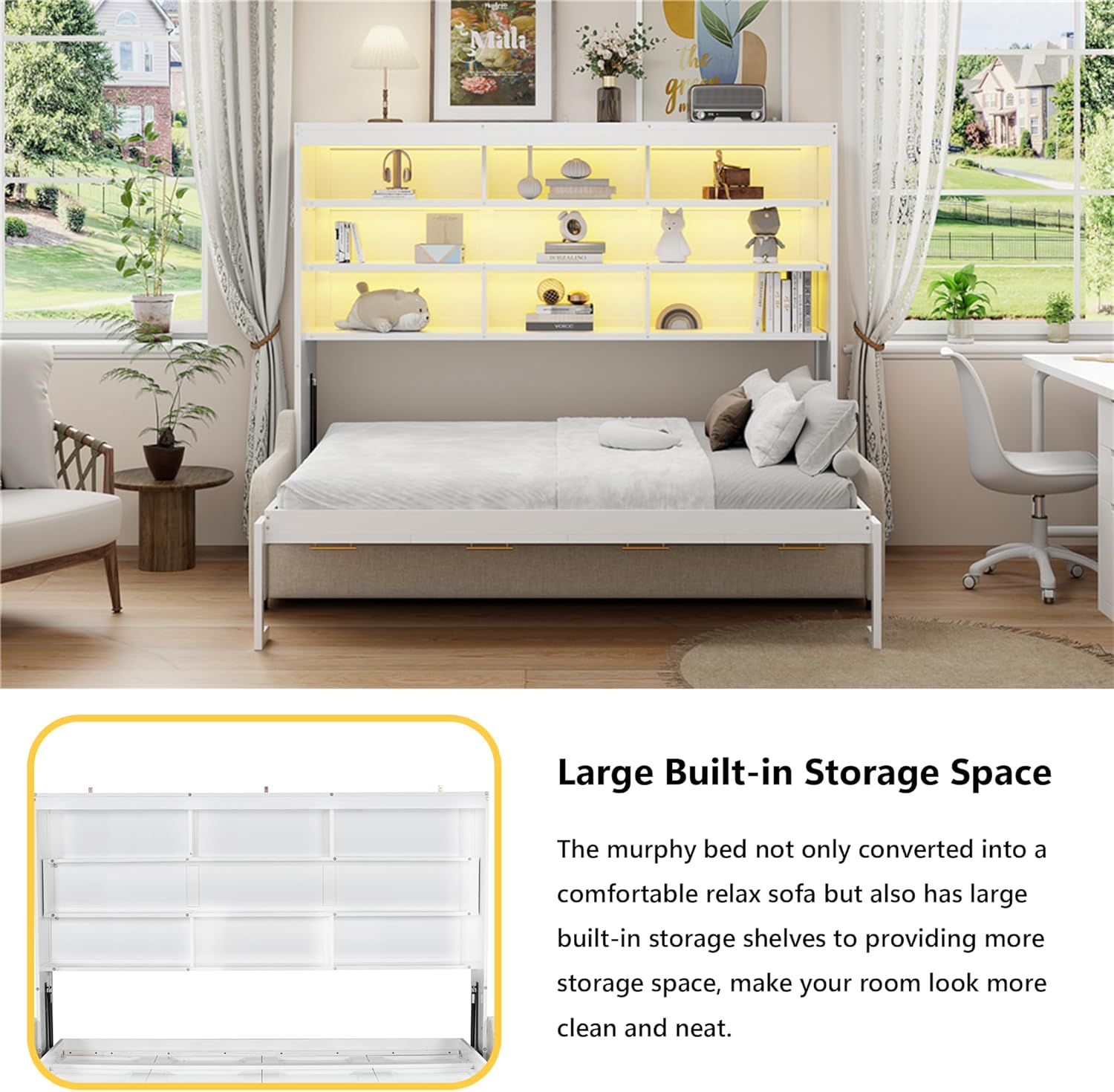 Queen Horizontal Murphy Bed with Sofa and Storage Shelves,LED Light,Solid Wood Space Saving Hideaway Murphy Wall Bed with Couch and Storage for Adults (Beige,Queen)