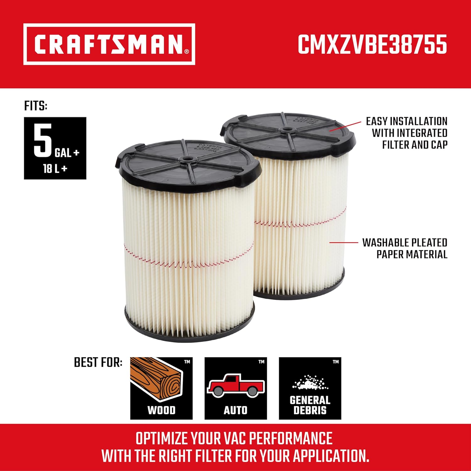 CRAFTSMAN CMXZVBE38755 Genuine General Purpose Wet Dry Vac Replacement Vacuum Filter for Most 5 to 20 Gallon CRAFTSMAN Shop Vacuums, Easy Installation and Traps General Debris, 2-Pack