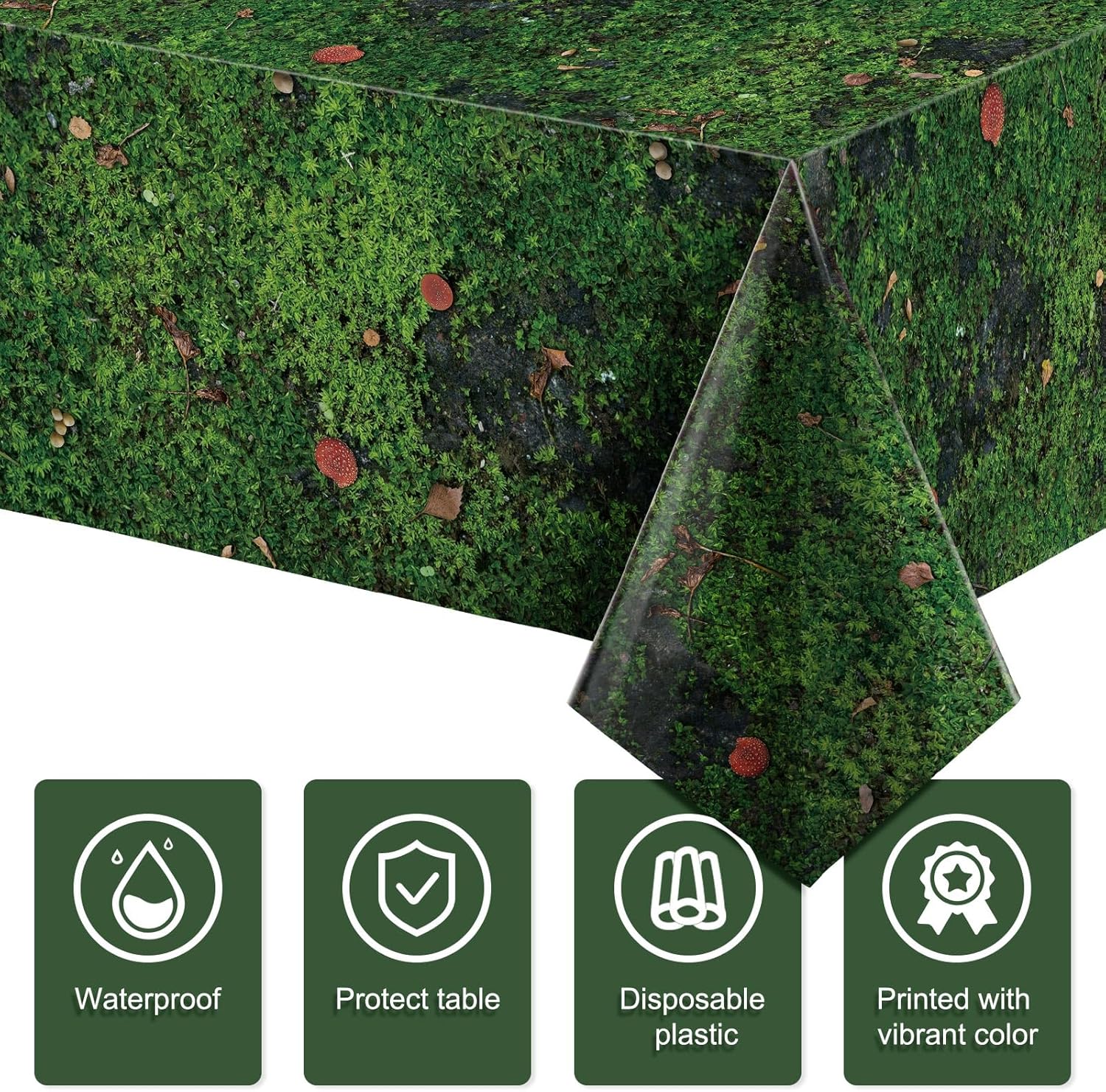 Tiamon 3 Pcs Green Moss Plastic Tablecloth 108 x 54 Inch Grass Leaves Table Cover Disposable Tablecloth for Rectangle Table Forest Jungle Plants Nature Outdoor Picnic Camping Birthday Party Supplies