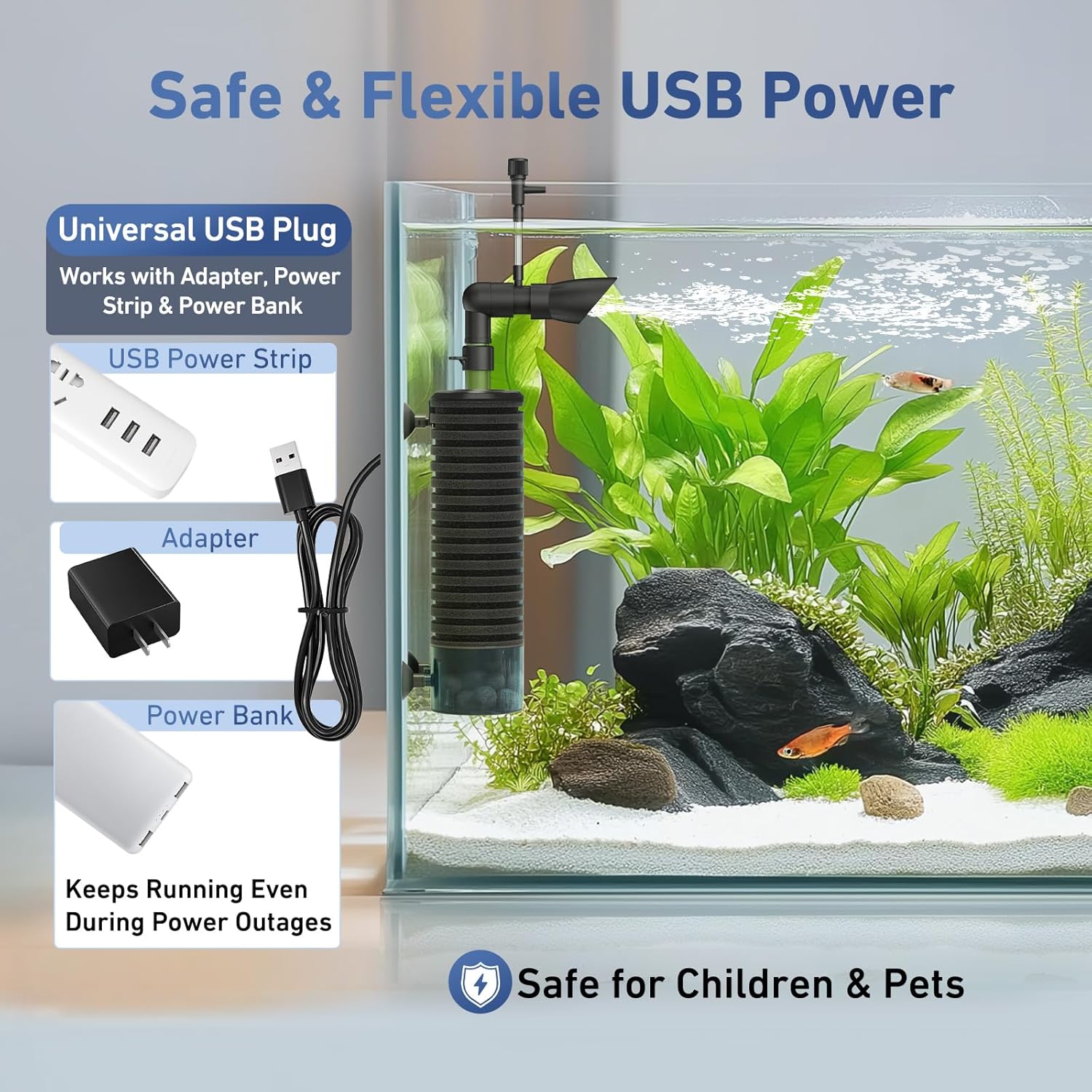 AQQA Aquarium Sponge Filter for Fish Tanks Ultra Quiet DC 5V Multi-Stage Biological Filtration with Fluidized Bed, Safe Low Voltage Fish Filter for Up to 66 Gal Tank (4W 92GPH)