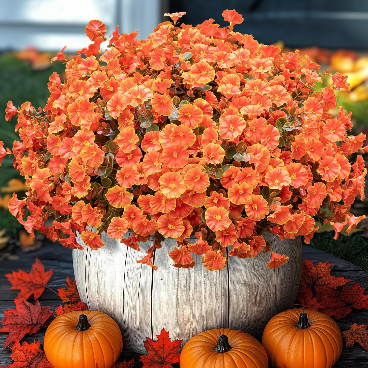 Artificial Fake Mums for Outdoor 16 Bundles Fall Orange Morning Glory for Halloween Decorations