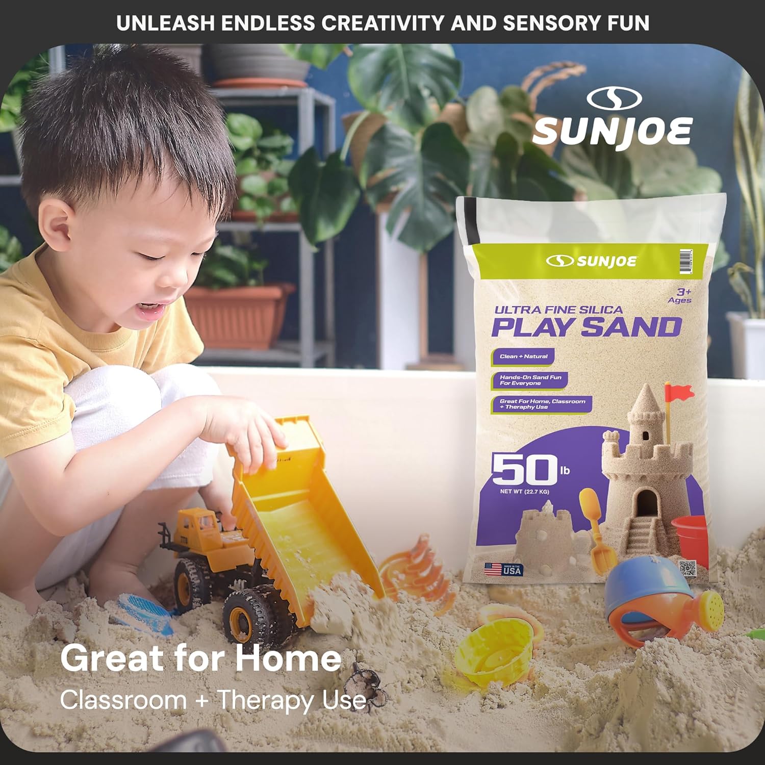 Sun Joe Silica Play Sand for Sandbox, Sensory Table & Garden Spaces, Ultra Fine, 50 Lbs - Natural Craft Accessory for Molding, Digging & Sculpting - Ideal for Indoor and Outdoor Use