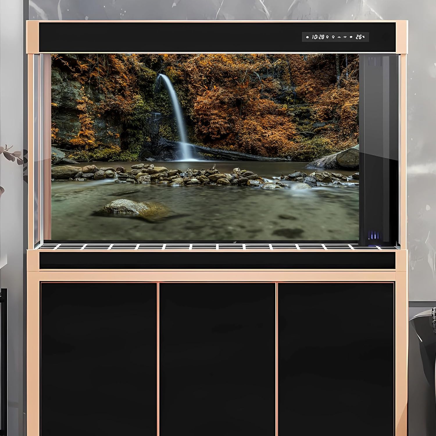 Waterfall Aquarium Background Natural Autumn Forest Yellow Leaves Landscape Terrarium Background Tranquil Lake Stream with Rocks Fish Tank Background Falls Theme Aquarium Backdrop Vinyl 60x24in
