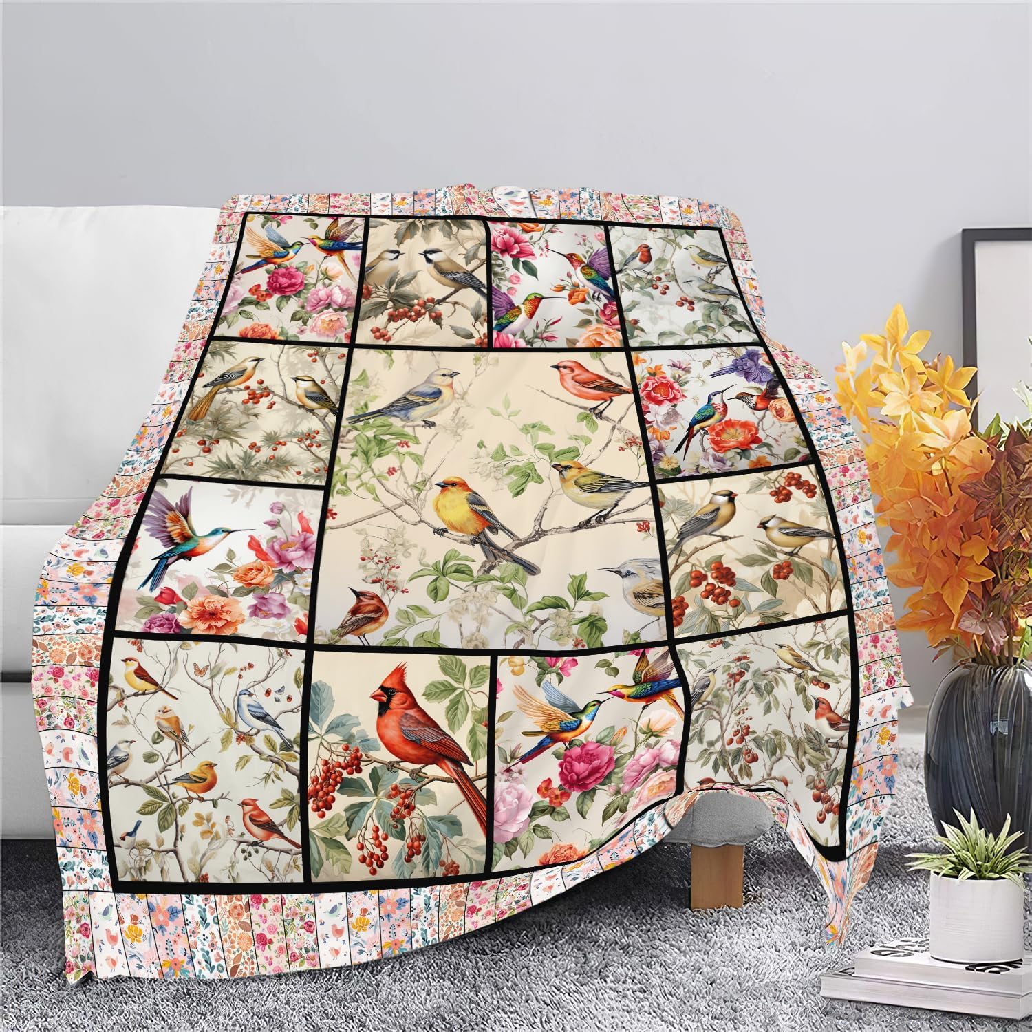 Bird Blanket Cardinal Hummingbird Sparrow Bird Throw Blanket Gifts for Women Men Boys Girls Kids Adults Super Soft Cozy Plush Fluffy Fuzzy Fleece Blanket Home Decor 60''X80''