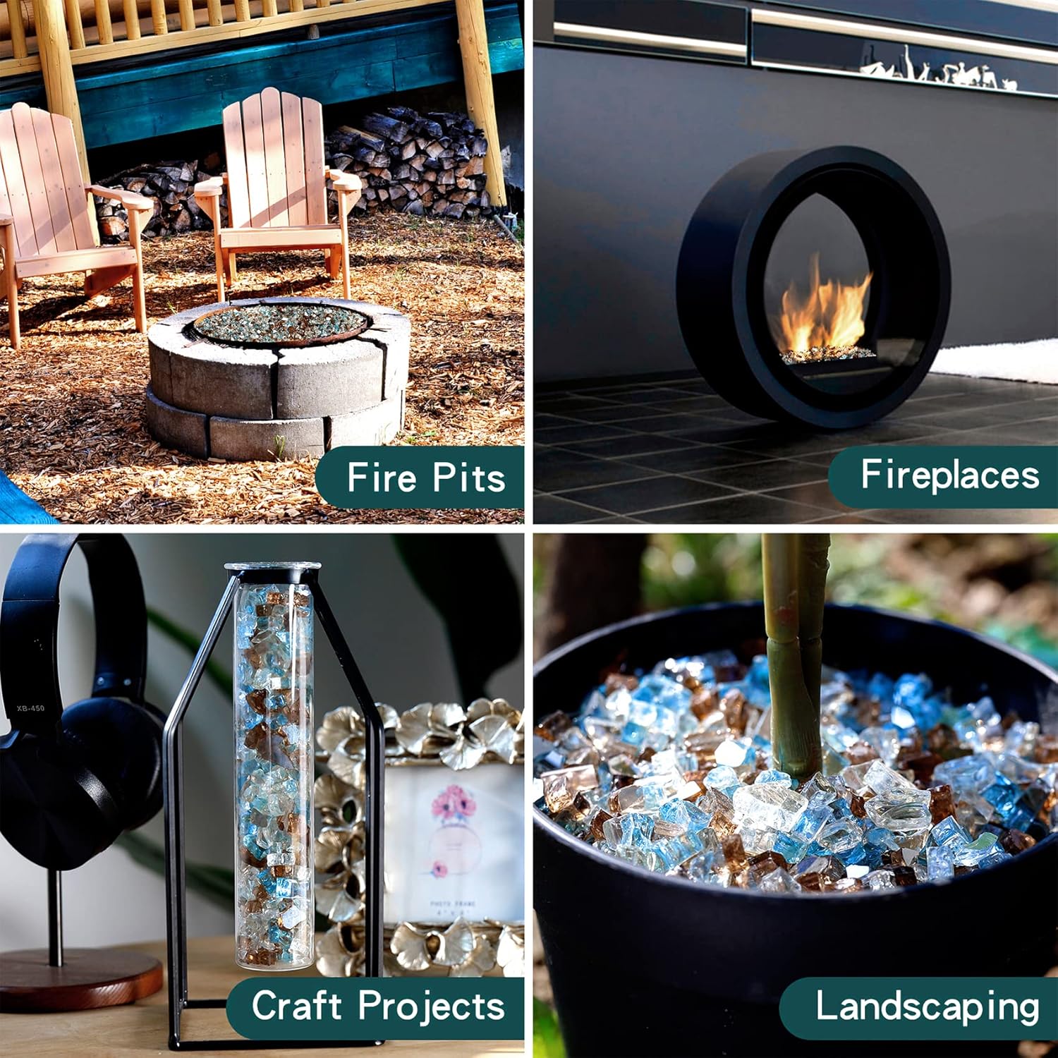 Onlyfire 10 pounds Fire Glass for Propane Fire Pit and Gas Fireplace, 1/4 Inch Blended Reflective Firepit Glass Rocks for Fire Pit Table and Fire Bowl, Aqua Blue+Platinum+Copper
