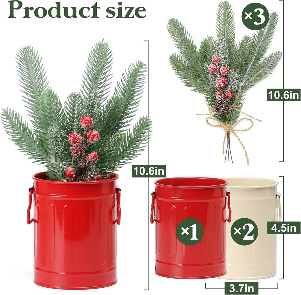 Christmas Centerpieces for Tables, 3 Pack Mini Christmas Artificial Pine Tree with Berries in Metal Pots, Farmhouse Winter Tabletop Xmas Decorations for Home, Mantel Red