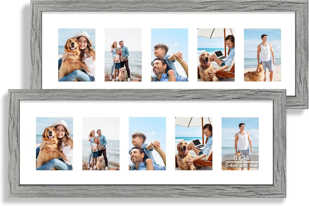 8x24 Picture Frame 2 Pack, Rustic Grey Wood Frame with Tempered Glass, Display Pictures Multiple Five 4x6 With Mat or 8 x 24 Without Mat - Horizontal or Vertical Wall Mounting