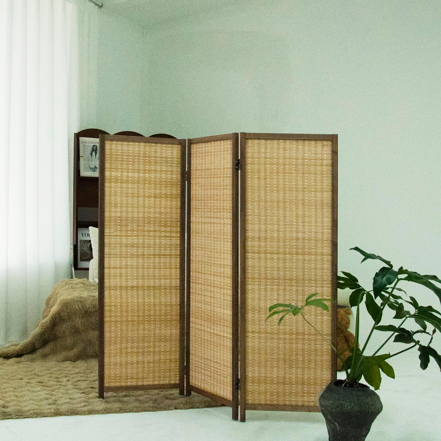 3 Panel Short Room Divider Folding Screen,47 inch Bamboo Panel Divider for Home Partition,Brown