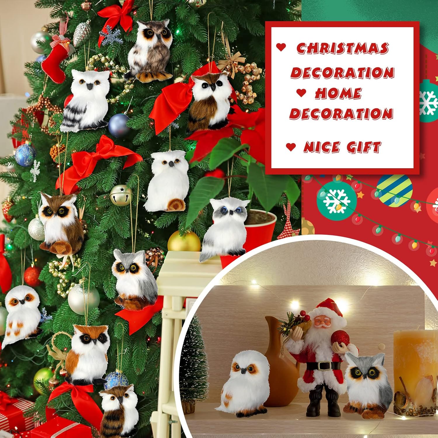 Skylety 10 Pieces Forest Animals Ornaments Woodland Animal Faux Fur Plush Hanging Ornaments Family Educational Playset for Fall, Christmas, Winter Birthday Party Supplies(Owls)