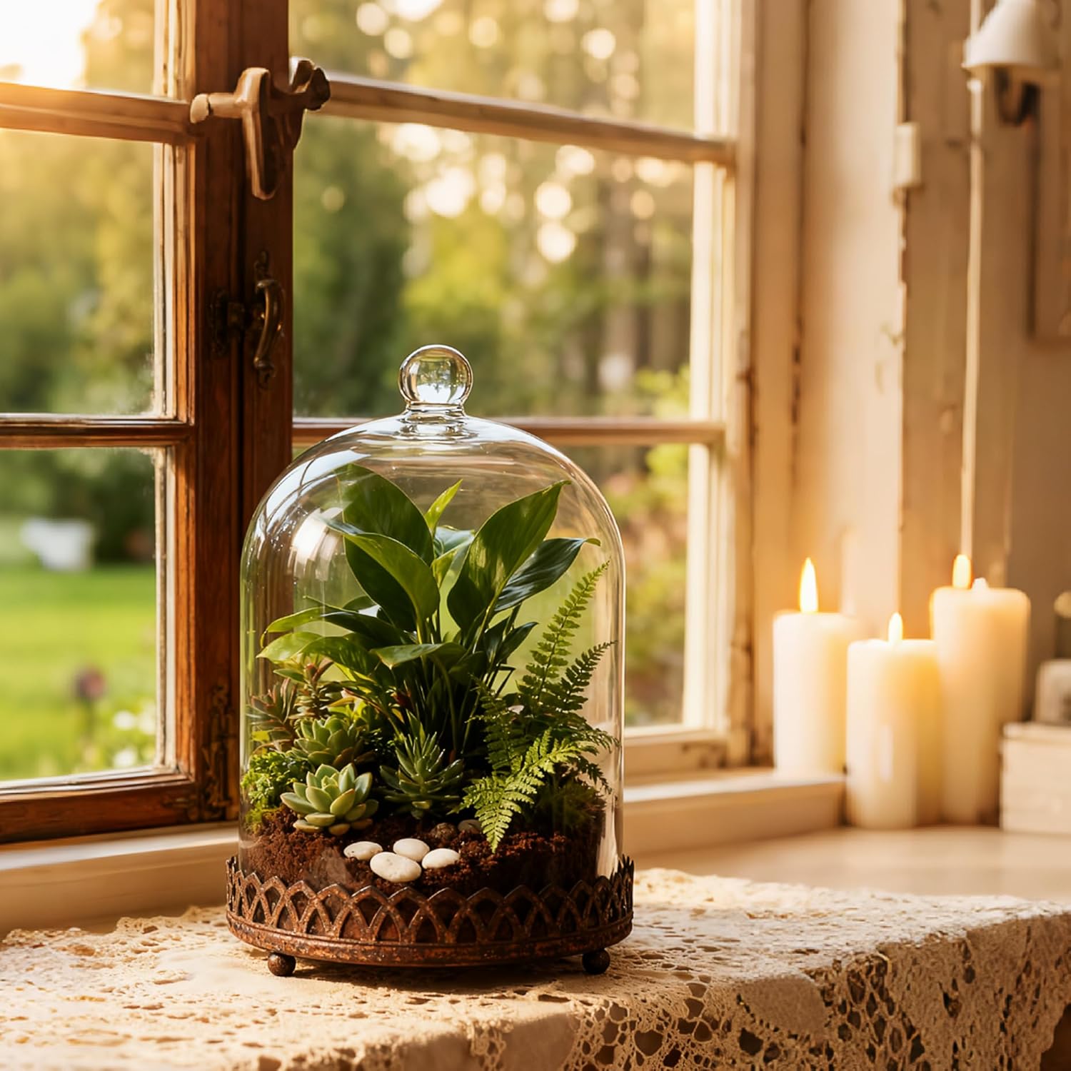Twakutwku 14" Tall Large Sturdy Handmade Glass Cloche Dome with Metal Base in Rustic Brown for Plant, Terrarium, Collectibles, Candle. Cloche Glass Dome, Bell Jar Display Case (Brown, 14")