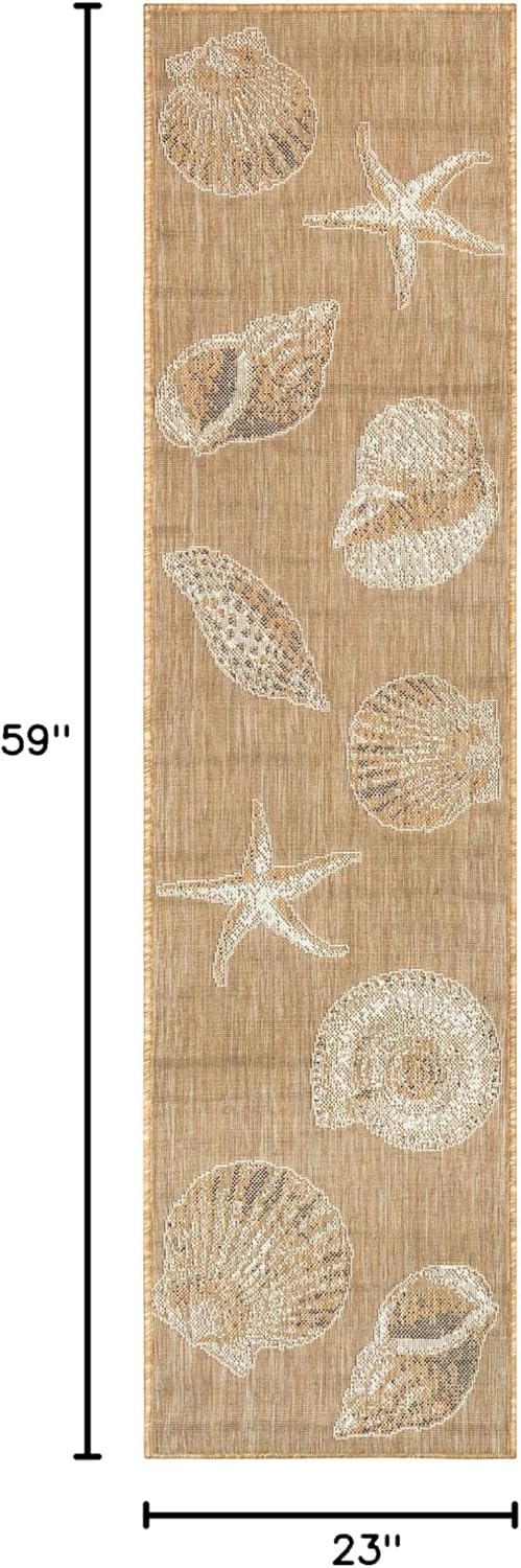 Liora Manne Carmel Indoor/Outdoor Power Loomed Synthetic Blend Low Profile Area Rug - Transitional Coastal Seashell Decorative (Shells Sand) (1'11" x 4'11")
