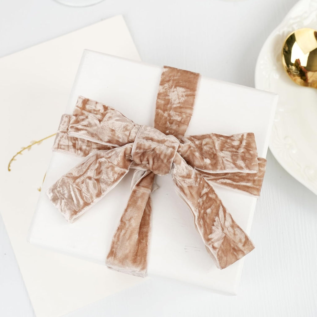 MAYREEL Taupe Crushed Velvet Ribbon 1 Inch Beige Vintage Ribbon for Flower Bouquets Wedding Invitations Crafts Gift Wrapping Party Favor Boxes 10 Yards