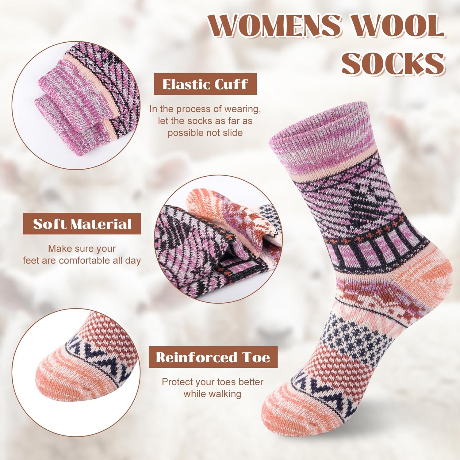 Justay 5 Pairs Wool Socks for Women - Winter Thick Boot Cozy Crew Vintage Soft Calf Knit Warm Socks Gifts