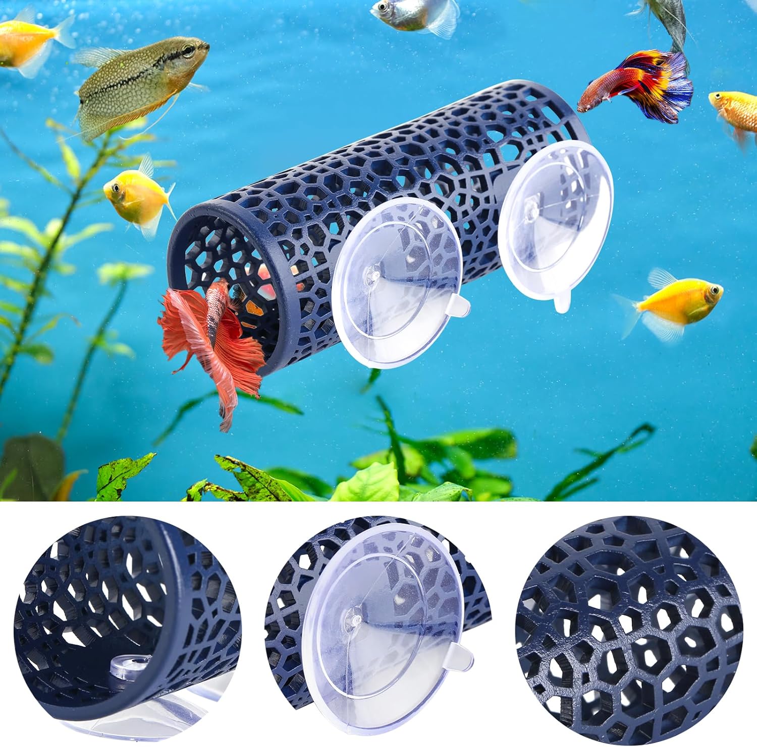 Abizoo Betta Fish Tunnel, Navy Blue Betta Sleeping Tube Safe Hollow Design for Small Fish & Shrimp Ideal Toys for Bettas Guppies Resting Tank Accessories Hammock, Aquarium Decorations Hideout