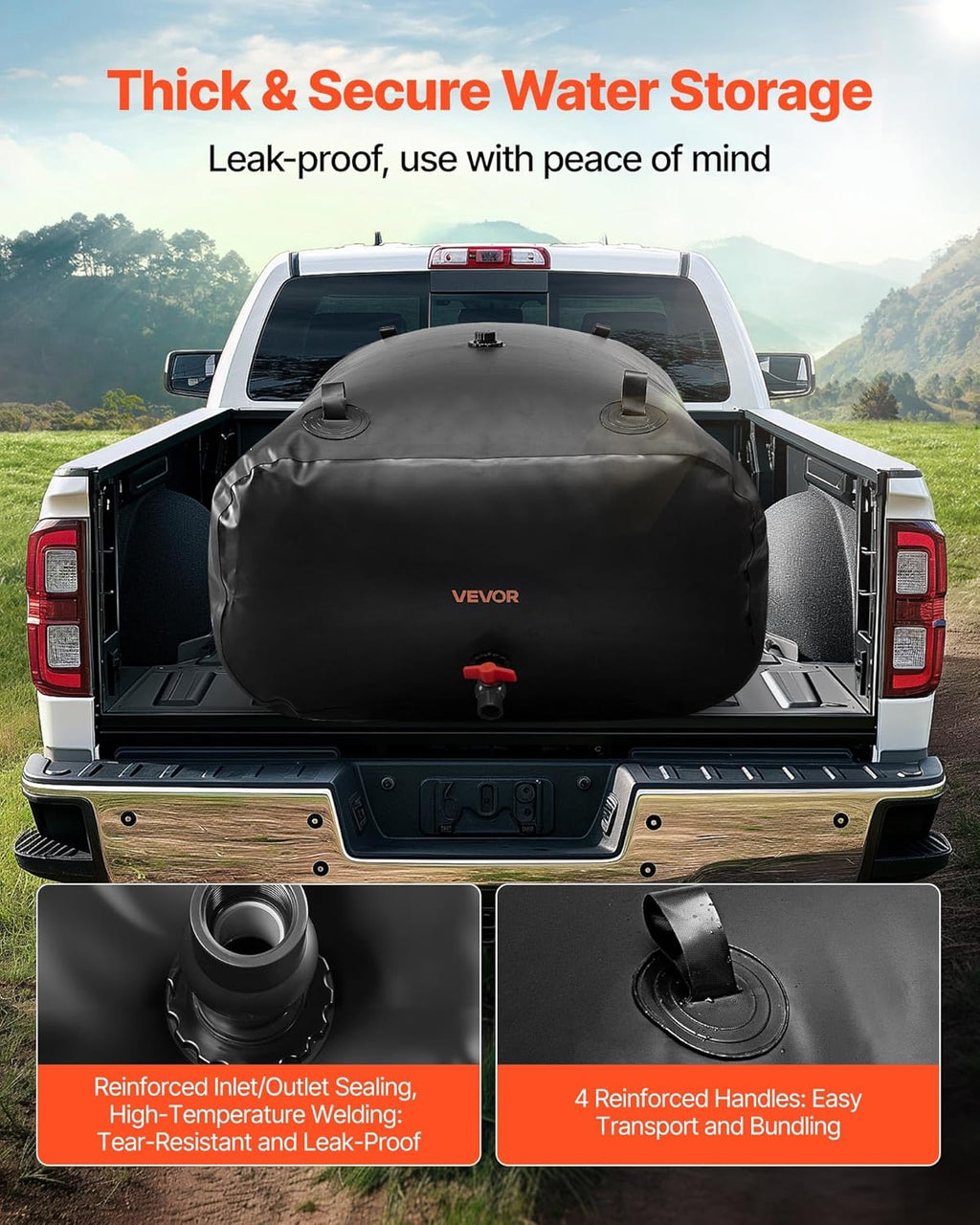 VEVOR Water Storage Bladder, 142.7 Gallon (540L) Water Storage Container Tank, 1000D PVC Large Capacity Soft Bag Bladder, Collapsible Portable for Garden Irrigation, Camping, RV, Emergency Use - Black