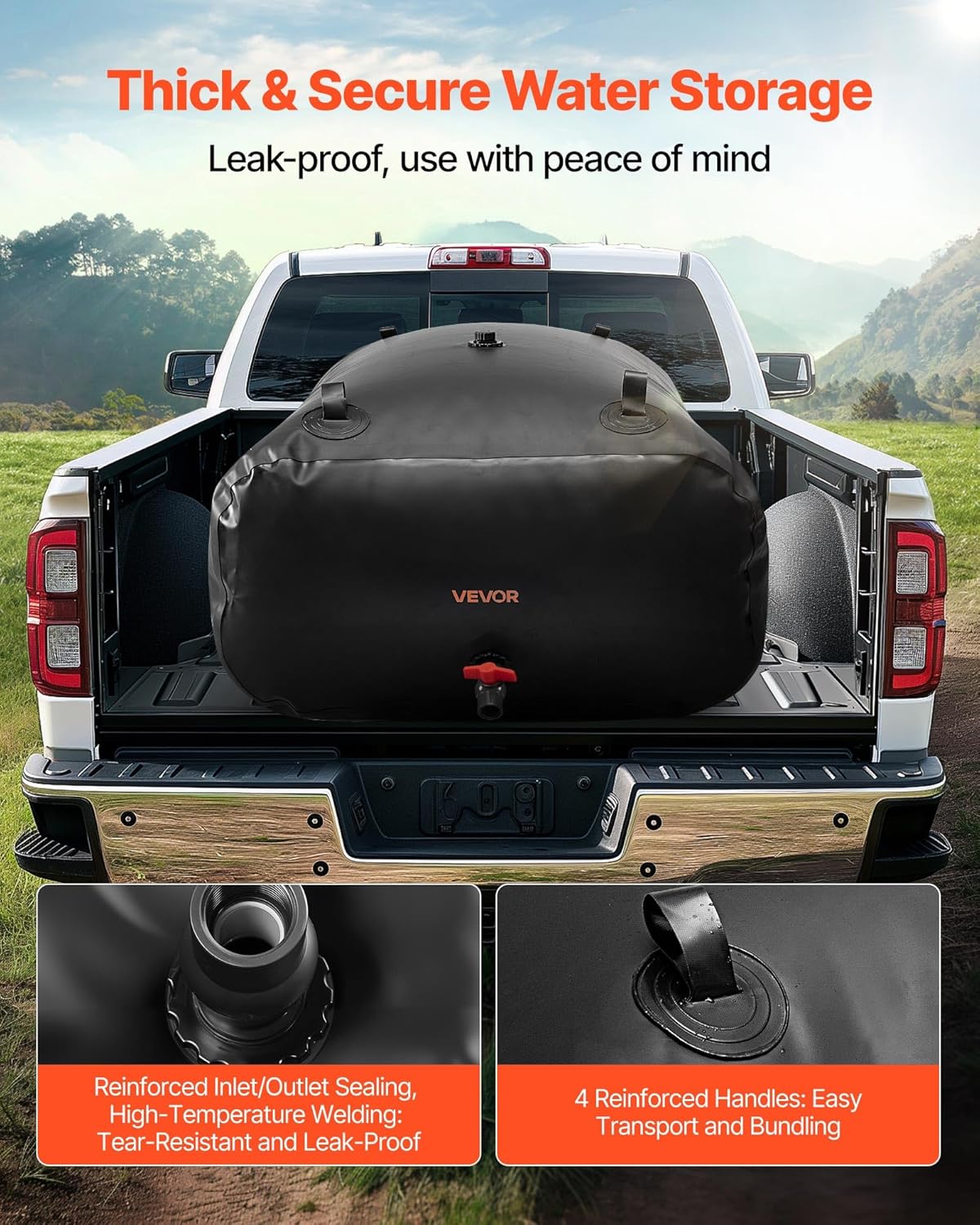 VEVOR Water Storage Bladder, 142.7 Gallon (540L) Water Storage Container Tank, 1000D PVC Large Capacity Soft Bag Bladder, Collapsible Portable for Garden Irrigation, Camping, RV, Emergency Use - Black