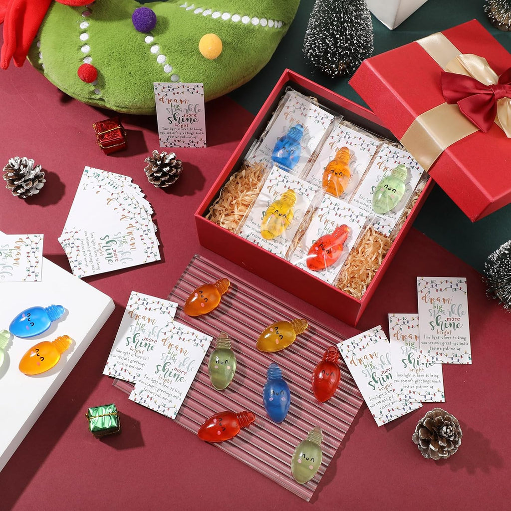 Wettarn 30 Sets Emotional Luminous Christmas Bulbs Stress Ball Gifts Bulk Office Christmas Appreciation Gifts Cute Squeeze Mini Stress Relief Ball Inspirational Cards for Coworker Employee Nurse Staff