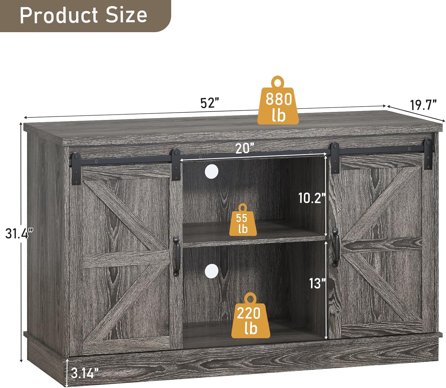 Farmhouse 55-75 Gallon Fish Tank Stand with Power Outlet, Aquarium Stand w/Cabinet&Sliding Barn Door, Heavy Duty Reptile Tank Stand for Fish/Turtle/Reptile Terrarium, 880LBS Capacity, Grey