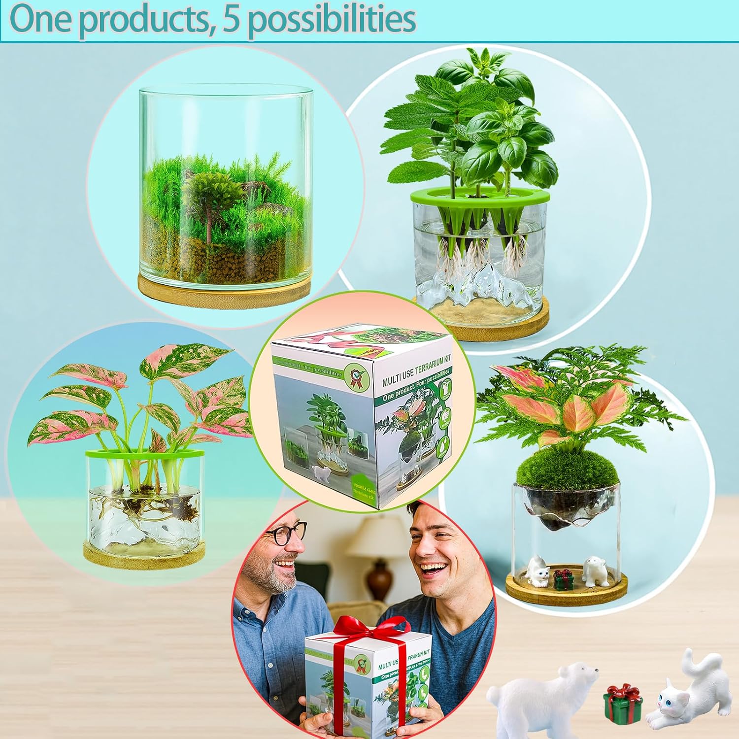 4 in 1 Plant Propagation Station Hydroponic Vase Planter Pot,Indoor Glass Terrarium Planter,Fresh Herb Garden Grow Kit,Home Office Decor,Christmas Birthday Gift for Gardener Women Parents Garden Lover
