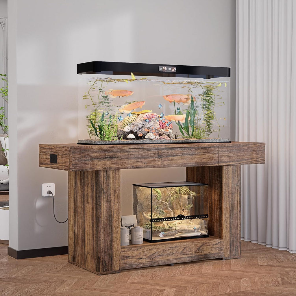 55–75 Gallon Aquarium Stand, Heavy Duty Fish Tank Stand for Turtle, Reptile & Amphibians, MDF Board Tabletop with Drawer & Power Outlet, Reinforced Metal Tube Frame for Terrariums,Rustic Brown