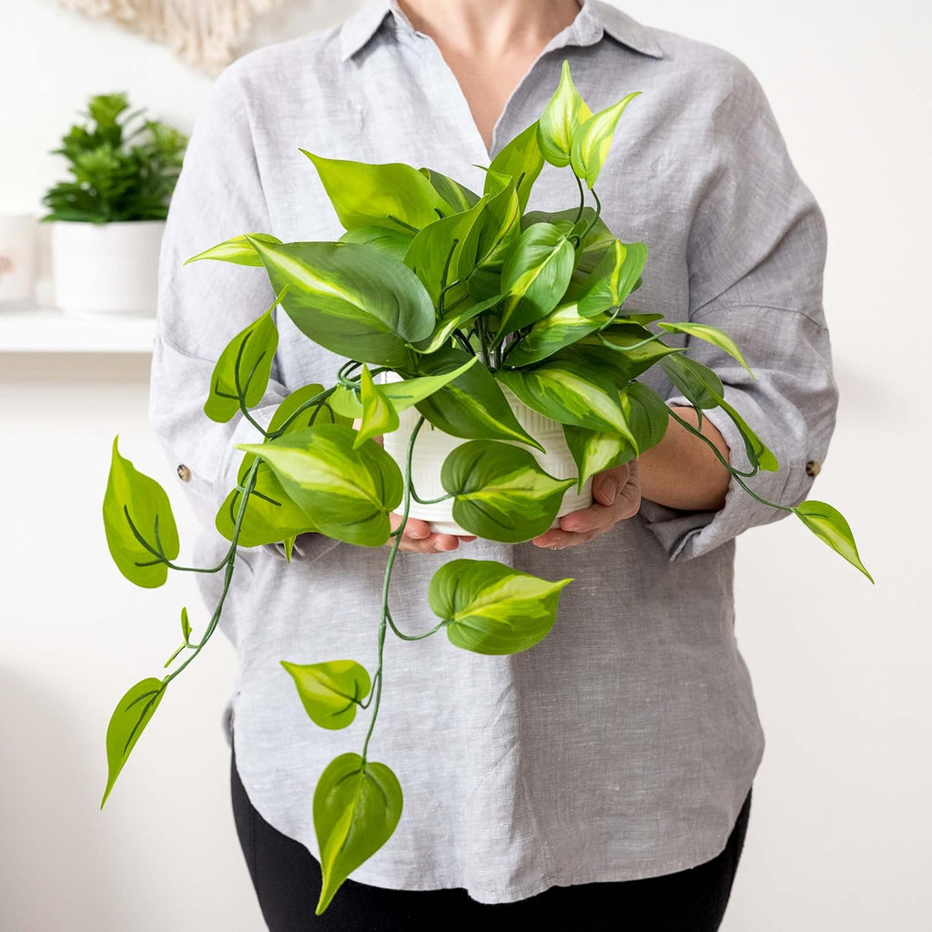 Kurrajong Farmhouse Dark Green Fake pothos | Fake Plant for Shelf Decor | Artificial Trailing Ivy Plant with 5" Wide x 3.5" high Ceramic Pot Faux pothos Plant for Floating Shelves