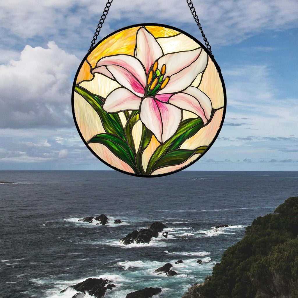 Stained Glass Window Hanging 4 Pcs Set Lily Rose Sunflower Poppy 9.8" - Flower Suncatcher Door Garden Sun Catcher Decor Birthday Mother's Day for Wife Woman Nana Girl