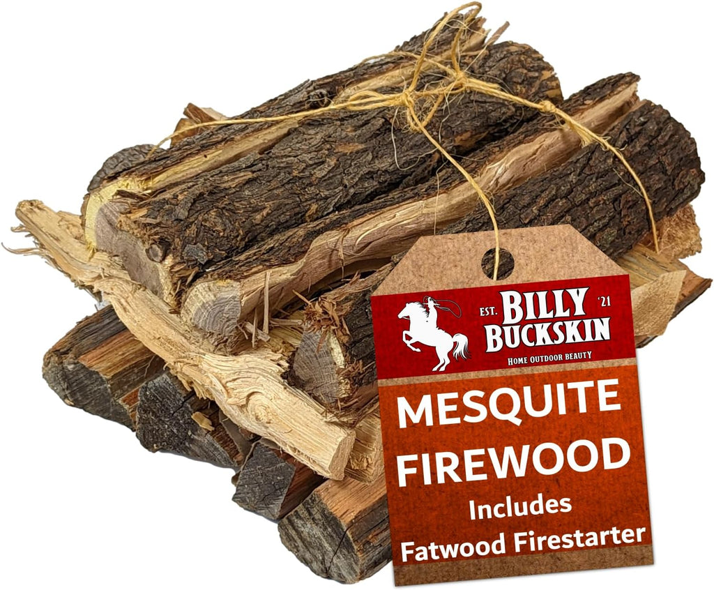 Billy Buckskin 18 LB Mesquite Firewood Bundle – Aromatic & Seasoned Wood Logs with Fatwood Starter Sticks for Fire Pit, Campfire, Fireplace, Wood Stoves and Outdoor Grilling