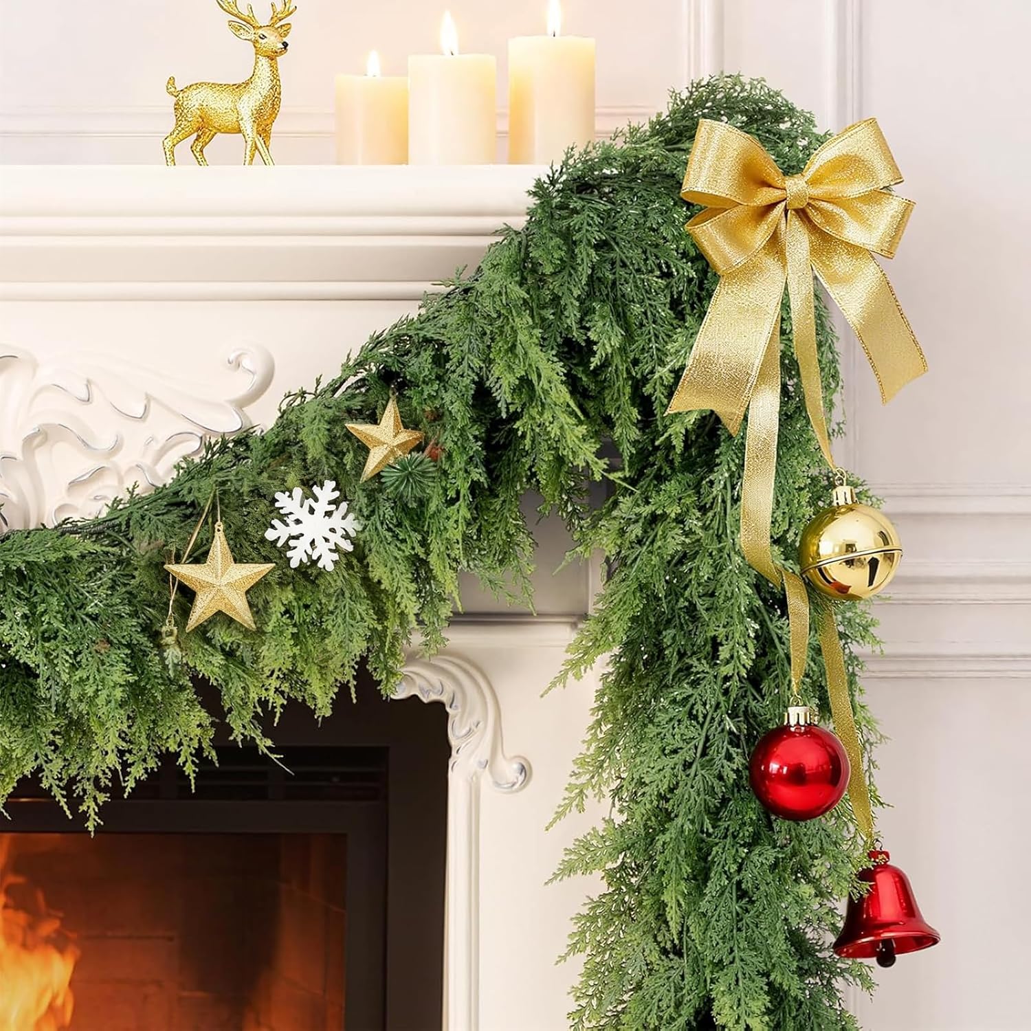 Christmas Garland Real Touch Cedar Garland Christmas Decorations 6 ft Soft and Lush Realistic Faux Pine Garlands for Mantle Table Stairs Door Doorframe Fireplace Indoor Outdoor Holiday Decorations