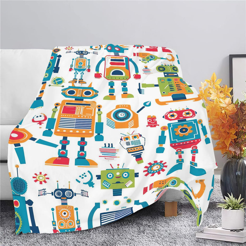 Robot Throw Blanket Cartoon Robot Machine Gifts for Kids Teens Girls Boys Adults Soft Cozy Warm Plush Fluffy Fuzzy Fleece Blanket Birthday Festival Decor 50''X60''