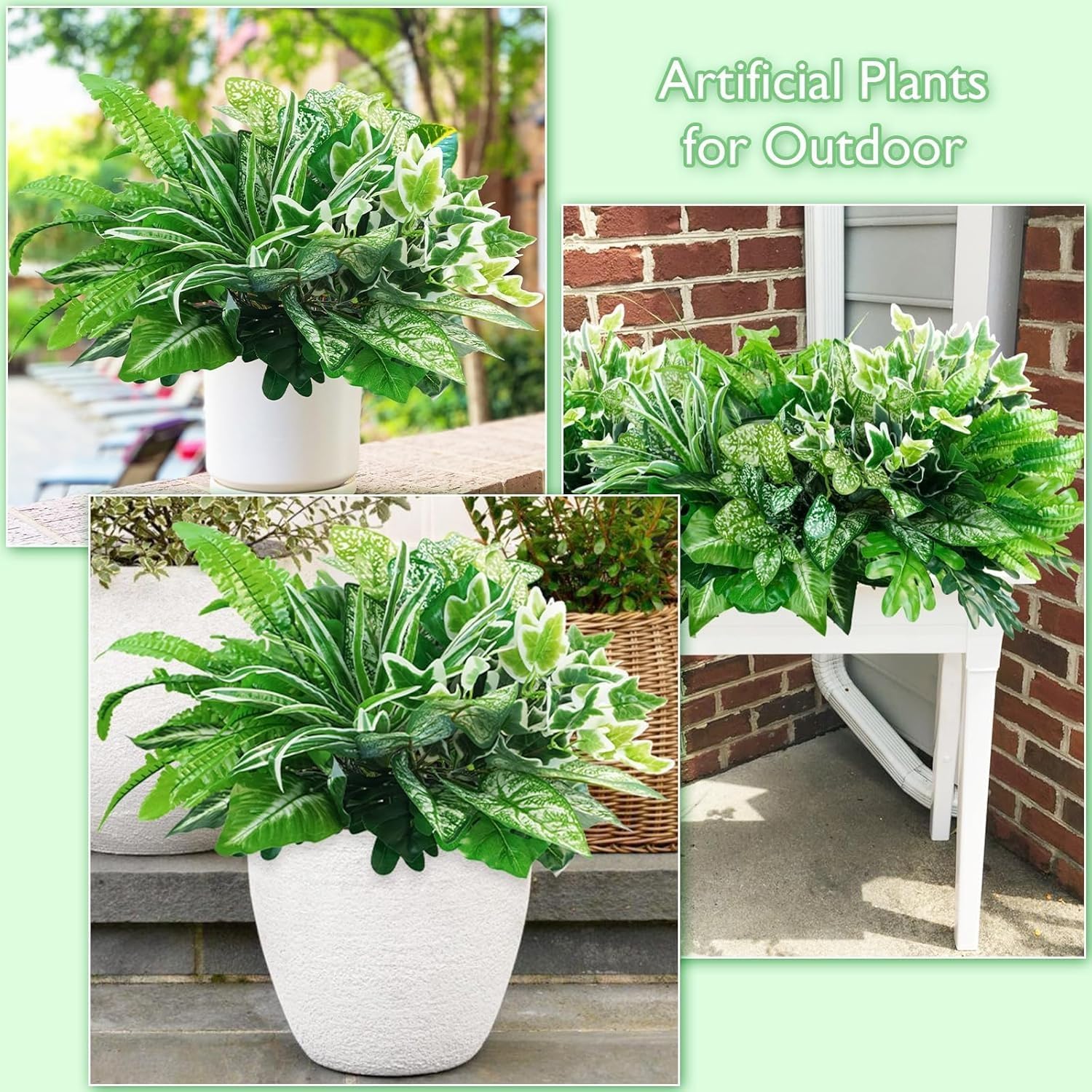 8 Bundles Artificial Plants Outdoor, Faux Bushes Plastic Fake Greenery Stems Shrubs UV Resistant for,Suitable for Porch Planting, Home Decoration, Windows, patios, Gardens, All Seasons.