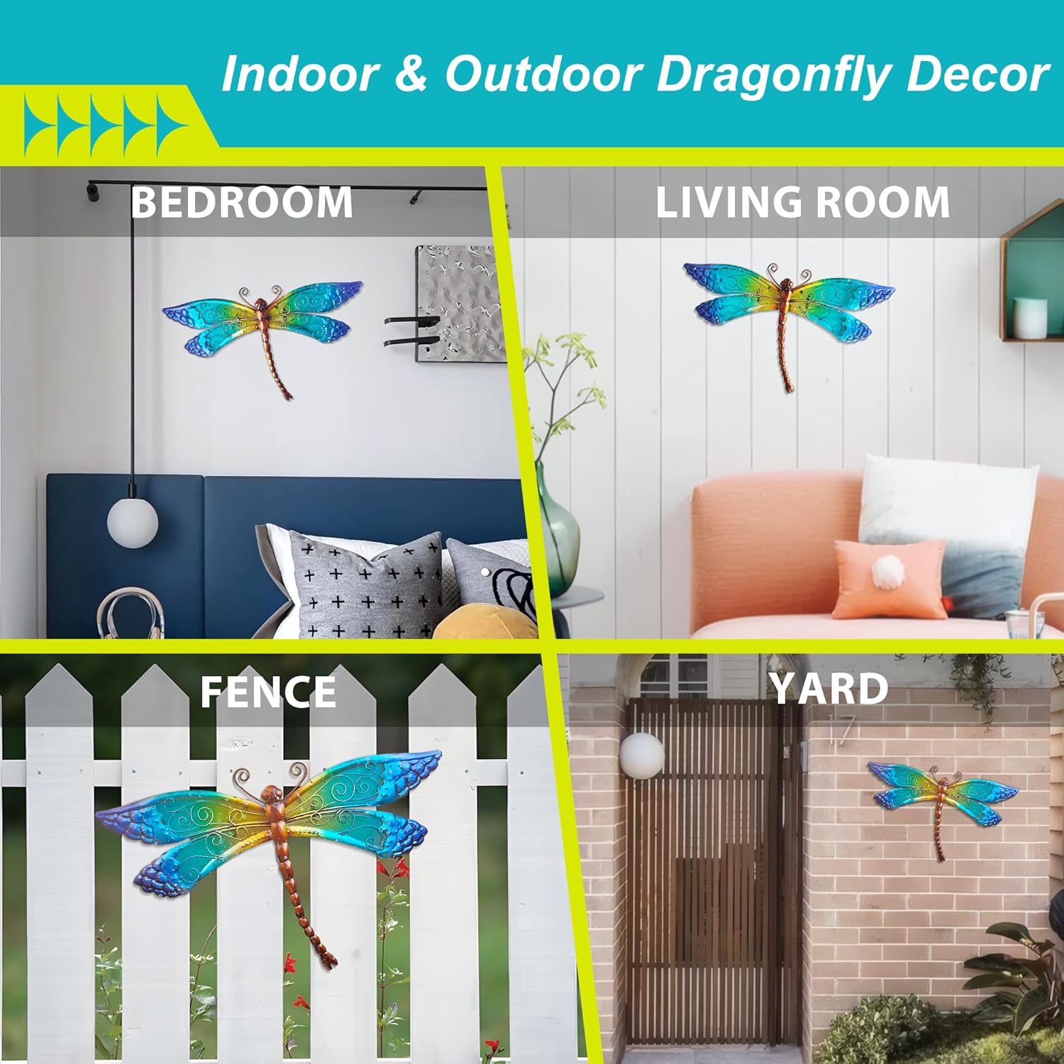 POXOHO Handmade Metal and Glass Dragonfly Wall Decor - Outdoor Garden Fence Art - 15 * 8.6 inches Rustic Scenic Wall Art for Patio, Bedroom, Bathroom Vivid Hanging Decoration