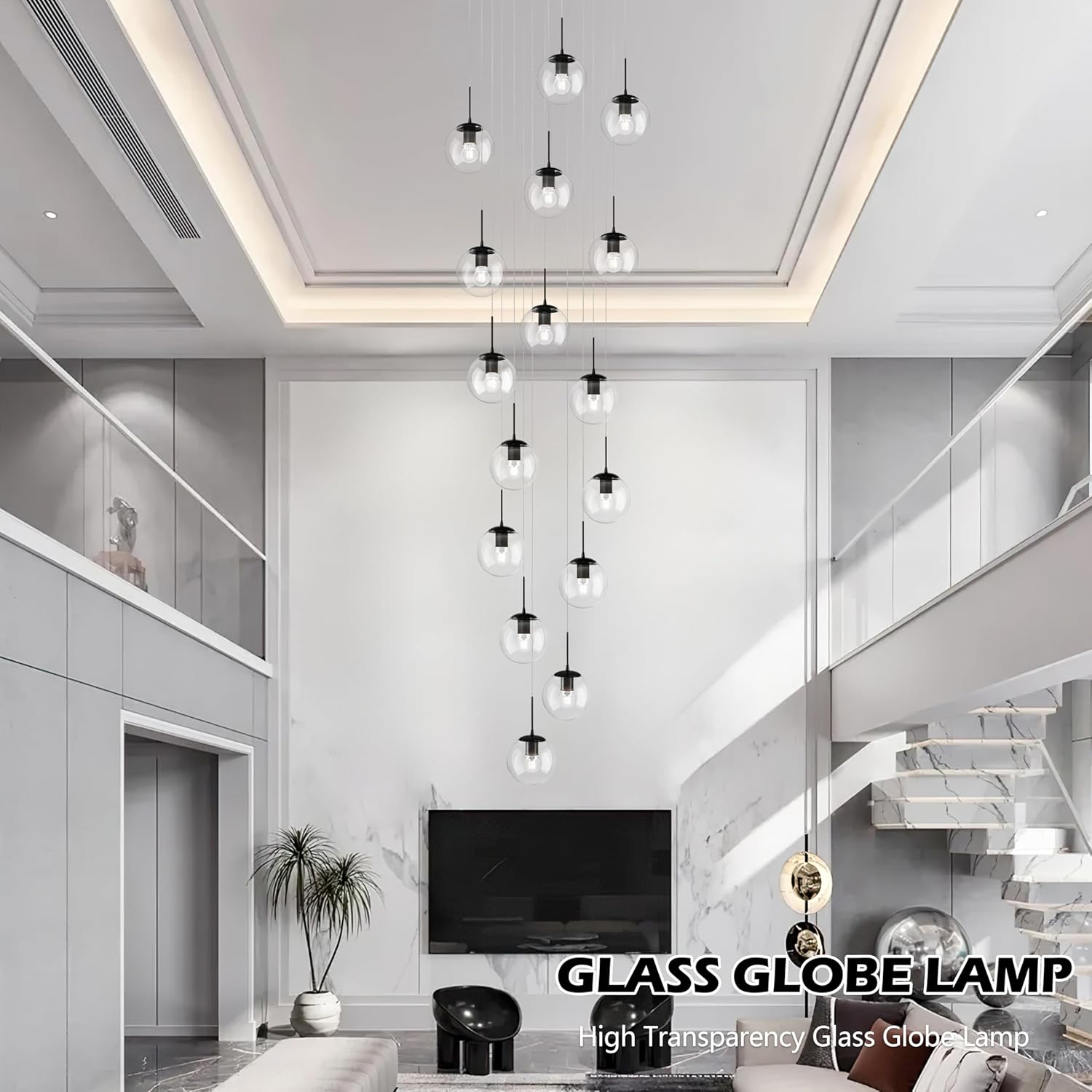 KoKo&Yukina 16-Light Black Mid Century Modern Chandelier for Living Room Staircase Chandelier for Entryway Clear Globe Glass Chandelier High Ceiling Chandeliers Foyer Entryway (Bulb & Remote Incl.)