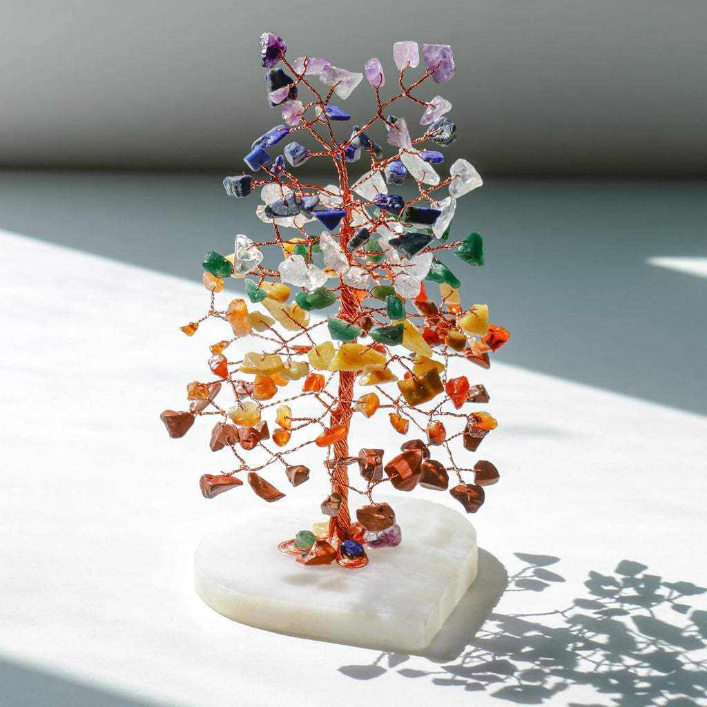 Crocon Crystals Heart Base Tree 7 Chakra Healing Stones Reiki Crystals Tree Life Spiritual Meditation Energy Home Room Office Desk Decor Pink Gifts for Women Men & Mom Birthday Present