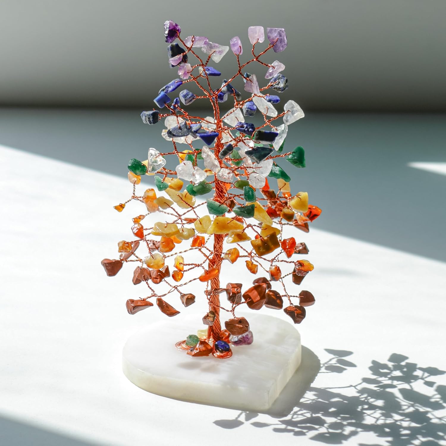 Crocon Crystals Heart Base Tree 7 Chakra Healing Stones Reiki Crystals Tree Life Spiritual Meditation Energy Home Room Office Desk Decor Pink Gifts for Women Men & Mom Birthday Present