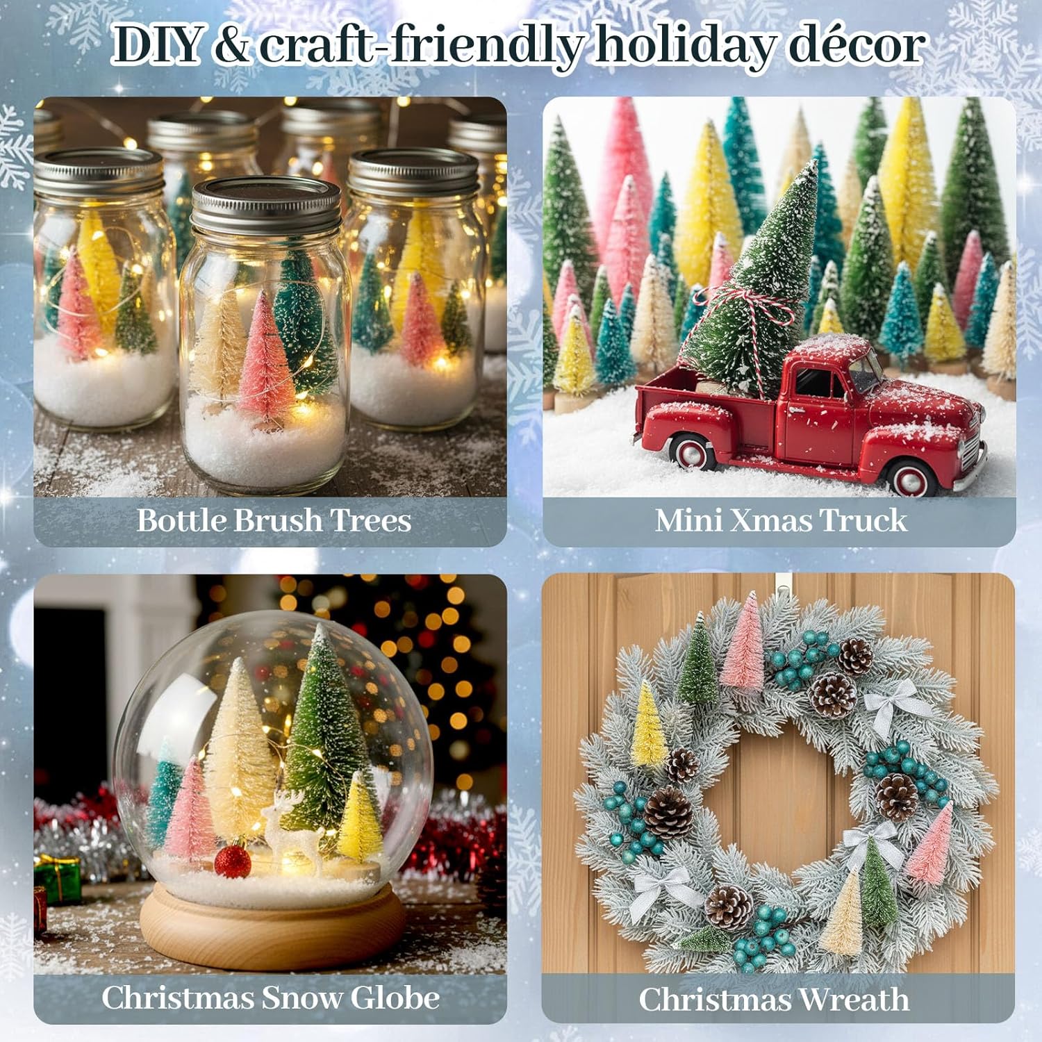 LOVEINUSA 40PCS Colorful Mini Christmas Trees, Snow Frosted Sisal Trees Colored Bottle Brush Xmas Trees with Wooden Base for Xmas Winter Home Table Decoration