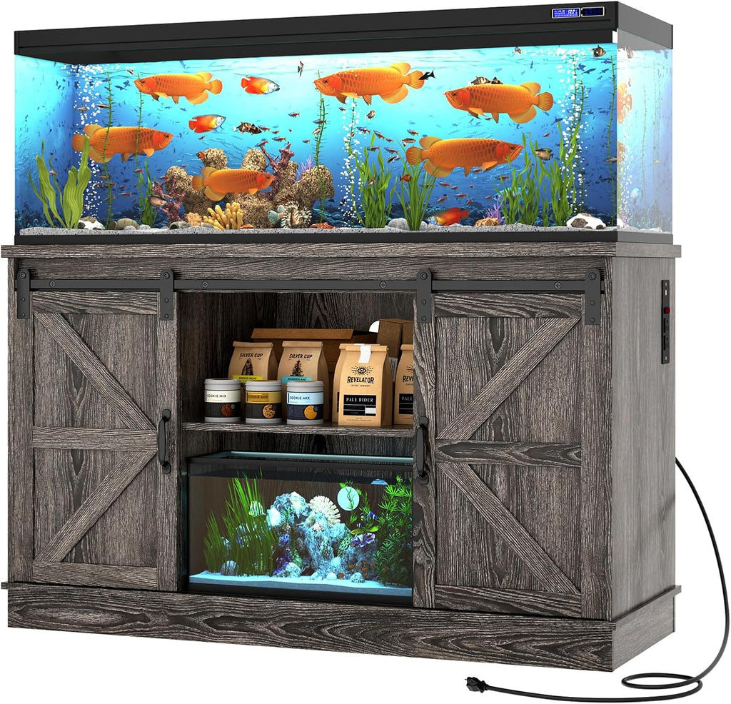 Farmhouse 55-75 Gallon Fish Tank Stand with Power Outlet, Aquarium Stand w/Cabinet&Sliding Barn Door, Heavy Duty Reptile Tank Stand for Fish/Turtle/Reptile Terrarium, 880LBS Capacity, Grey