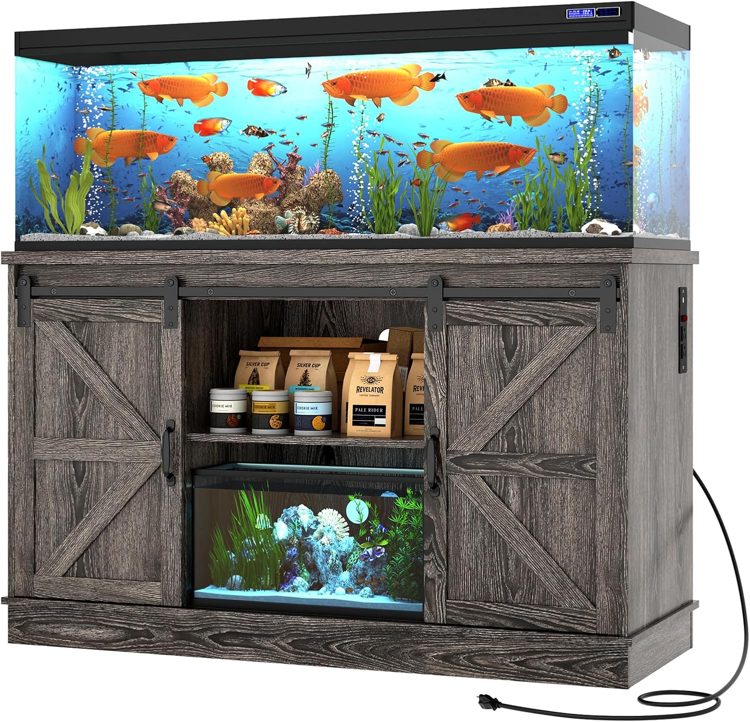 Farmhouse 55-75 Gallon Fish Tank Stand with Power Outlet, Aquarium Stand w/Cabinet&Sliding Barn Door, Heavy Duty Reptile Tank Stand for Fish/Turtle/Reptile Terrarium, 880LBS Capacity, Grey