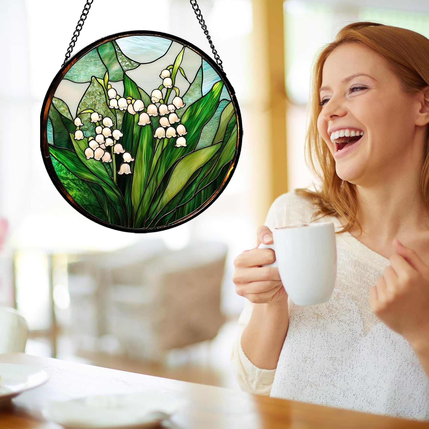 Stained Glass Window Hanging - White Green Lily of The Valley Suncatcher for Doors Garden Terrace Plant Sun Catchers Decor Mother's Day Birthday Flowers Gifts for Women Men Mom 7.8 in