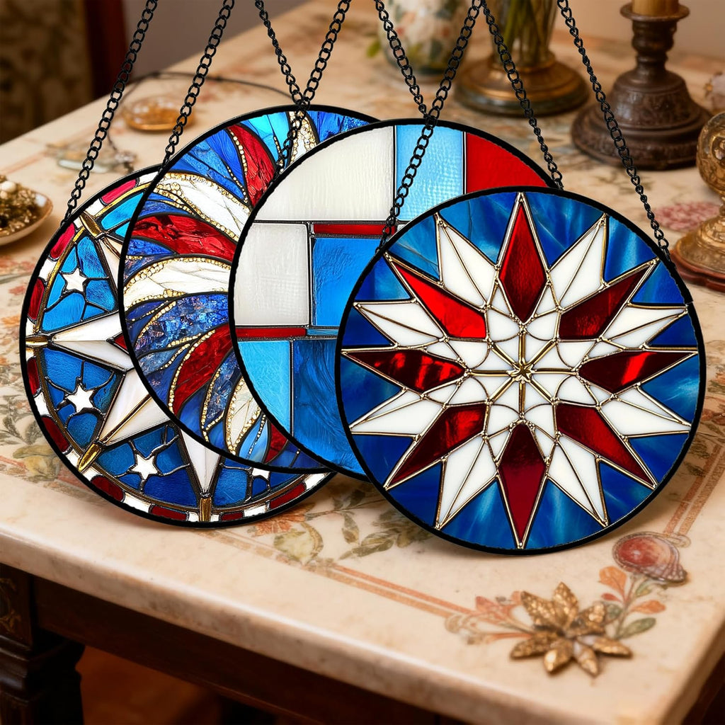 Stained Glass Window Hanging 4 Pcs Set Abstract Flowers in Red White Blue 7.8" - Suncatcher Door Garden Sun Catcher Decor Birthday Mother's Day Xmas Gift for Mom Woman Nana Men Parents