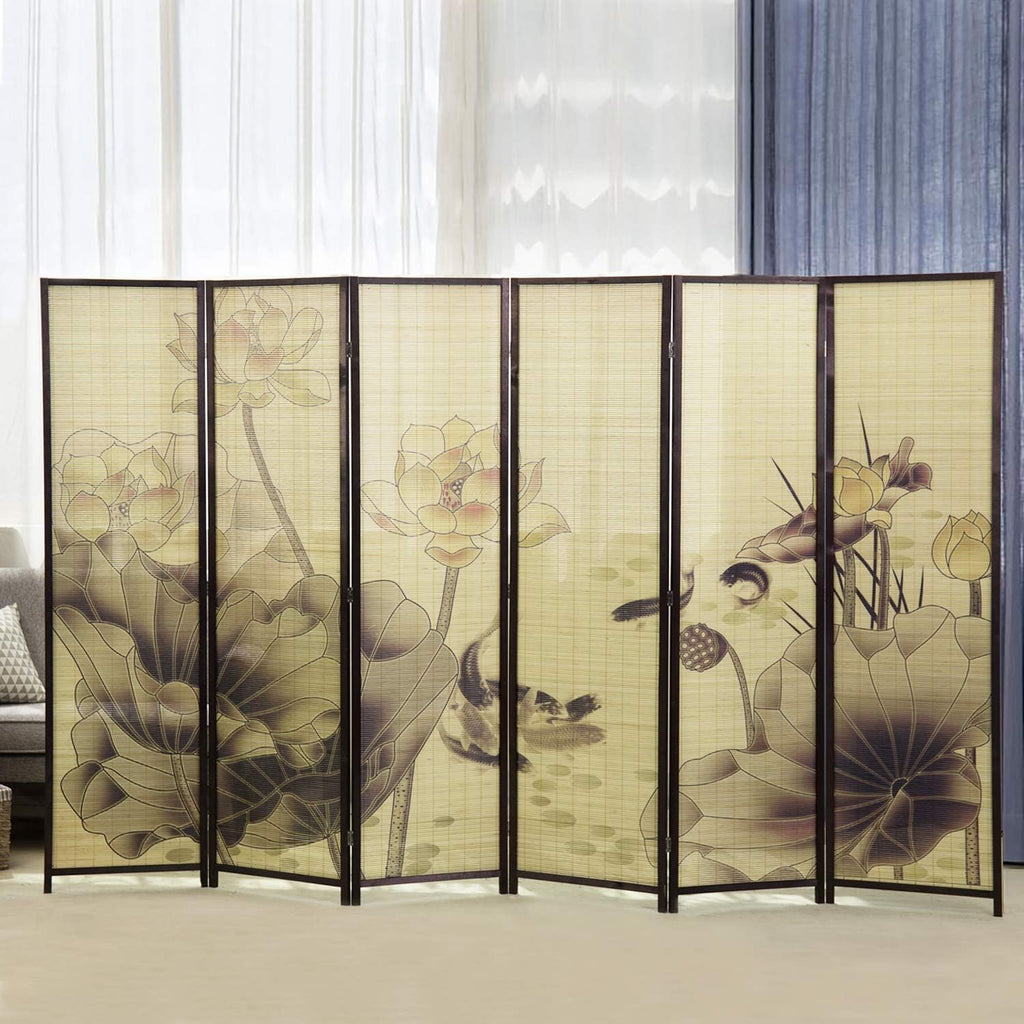 MyGift Decorative 6-Panel Folding Room Divider Bamboo Screen with Chinese Calligraphy Design, 6FT Freestanding Room Partitioner with Dark Brown Wood Frame 114.25''W x 70.75''H